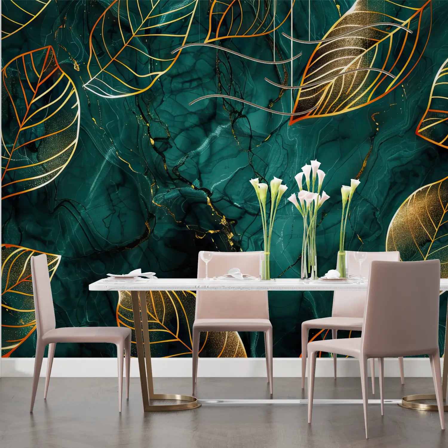 Foliage Wallpaper - Golden Leaves on Emerald