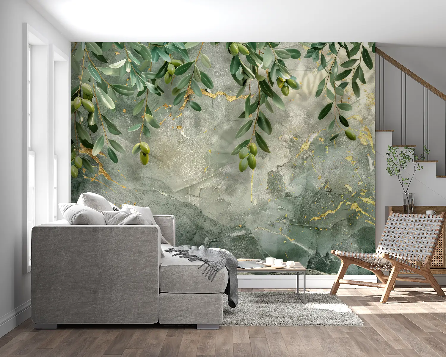 Papier Peint Feuillage – Oliviers et Marbrures d'Or