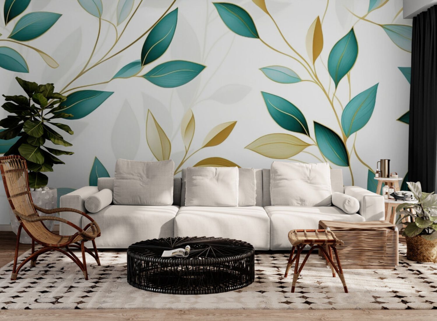 Papier Peint Feuillage - Feuilles Élégantes Dorées et Turquoises