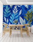 Papier Peint Feuillage - Feuilles Bleues et Blanches