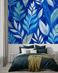 Papier Peint Feuillage - Feuilles Bleues et Blanches