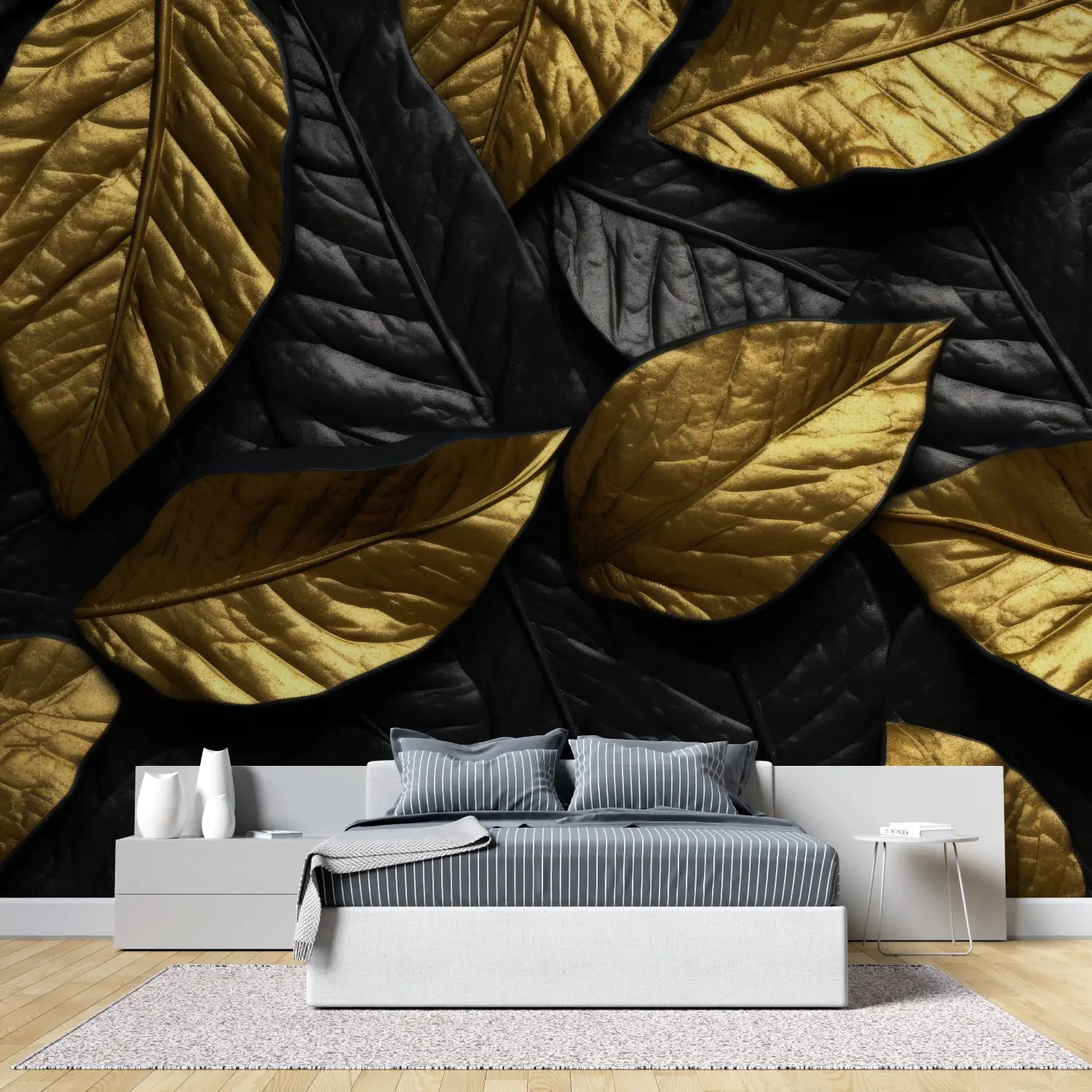 Papier Peint Feuillage – Feuilles Or sur Noir