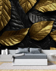 Papier Peint Feuillage – Feuilles Or sur Noir