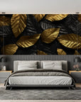 Papier Peint Feuillage – Feuilles Or sur Noir