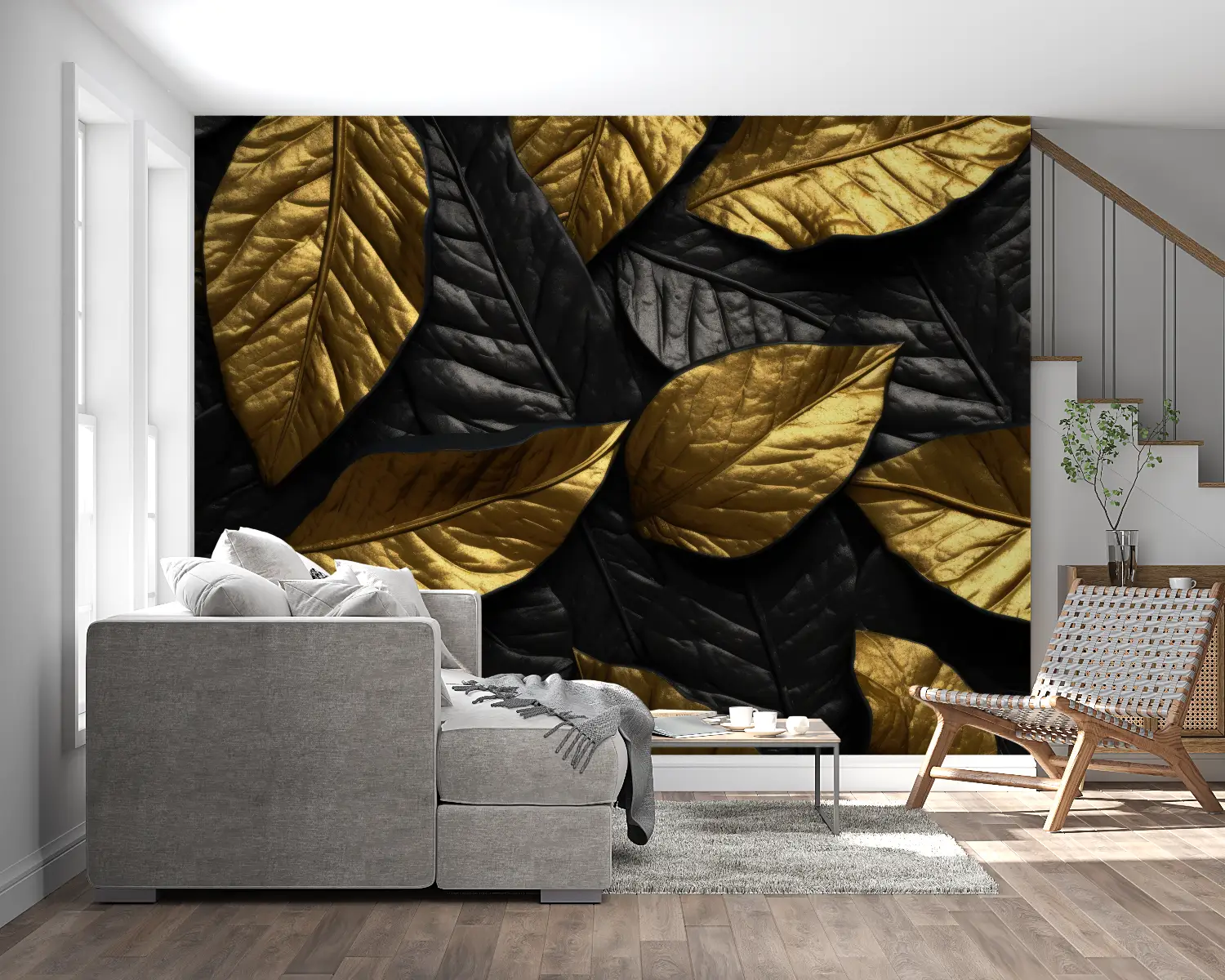 Papier Peint Feuillage – Feuilles Or sur Noir