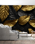 Papier Peint Feuillage – Feuilles Or sur Noir