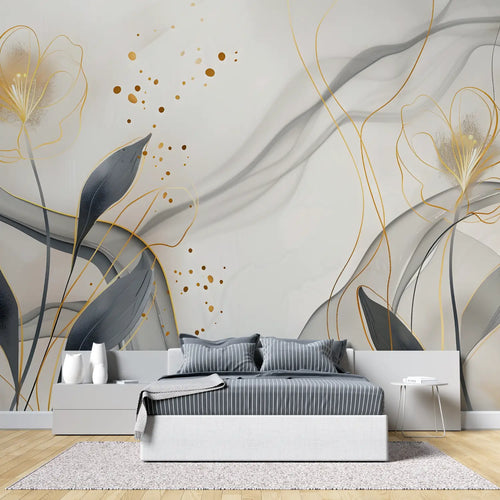 Papier Peint Floral – Fleurs Éthérées et Lignes Dorées