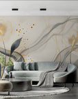 Papier Peint Floral – Fleurs Éthérées et Lignes Dorées