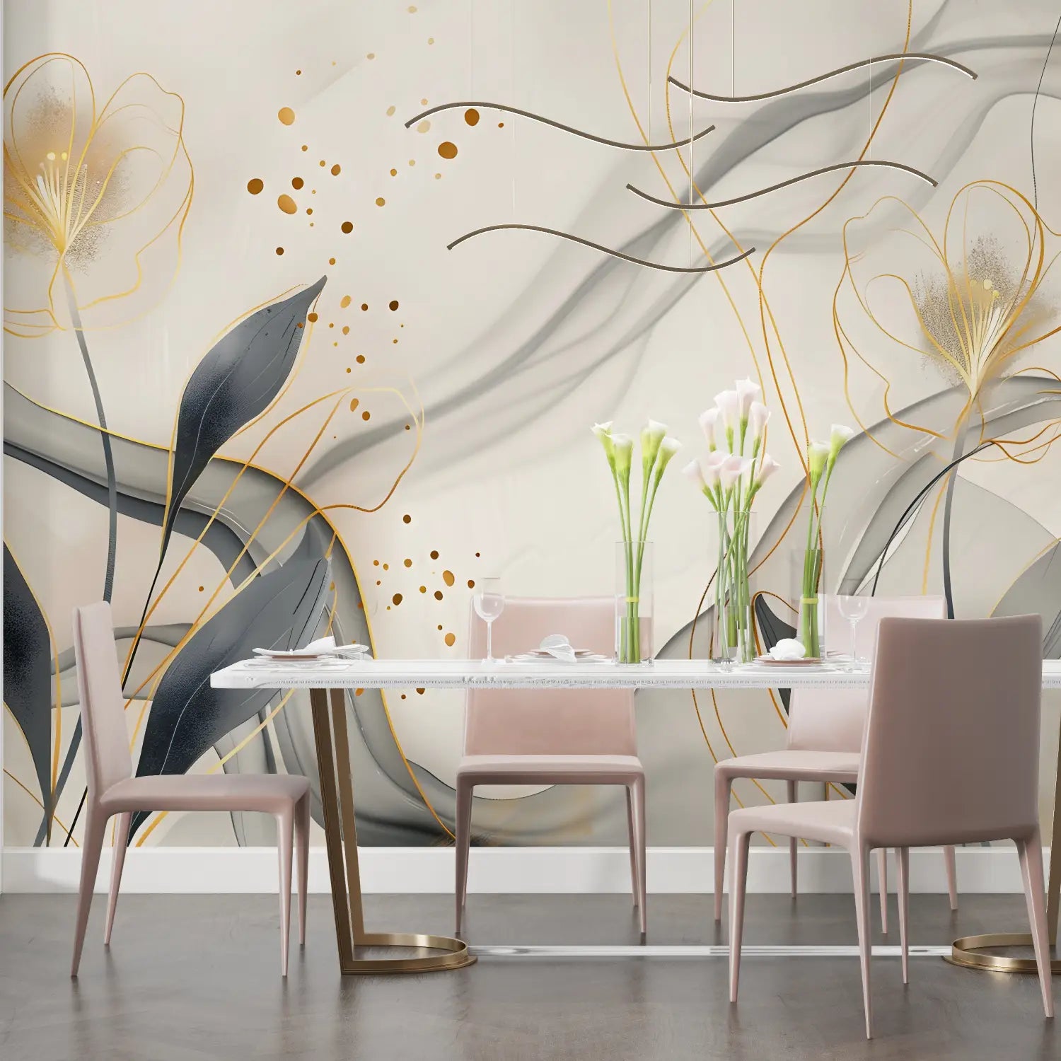 Floral Wallpaper – Ethereal Flowers and Golden Lines