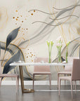 Papier Peint Floral – Fleurs Éthérées et Lignes Dorées