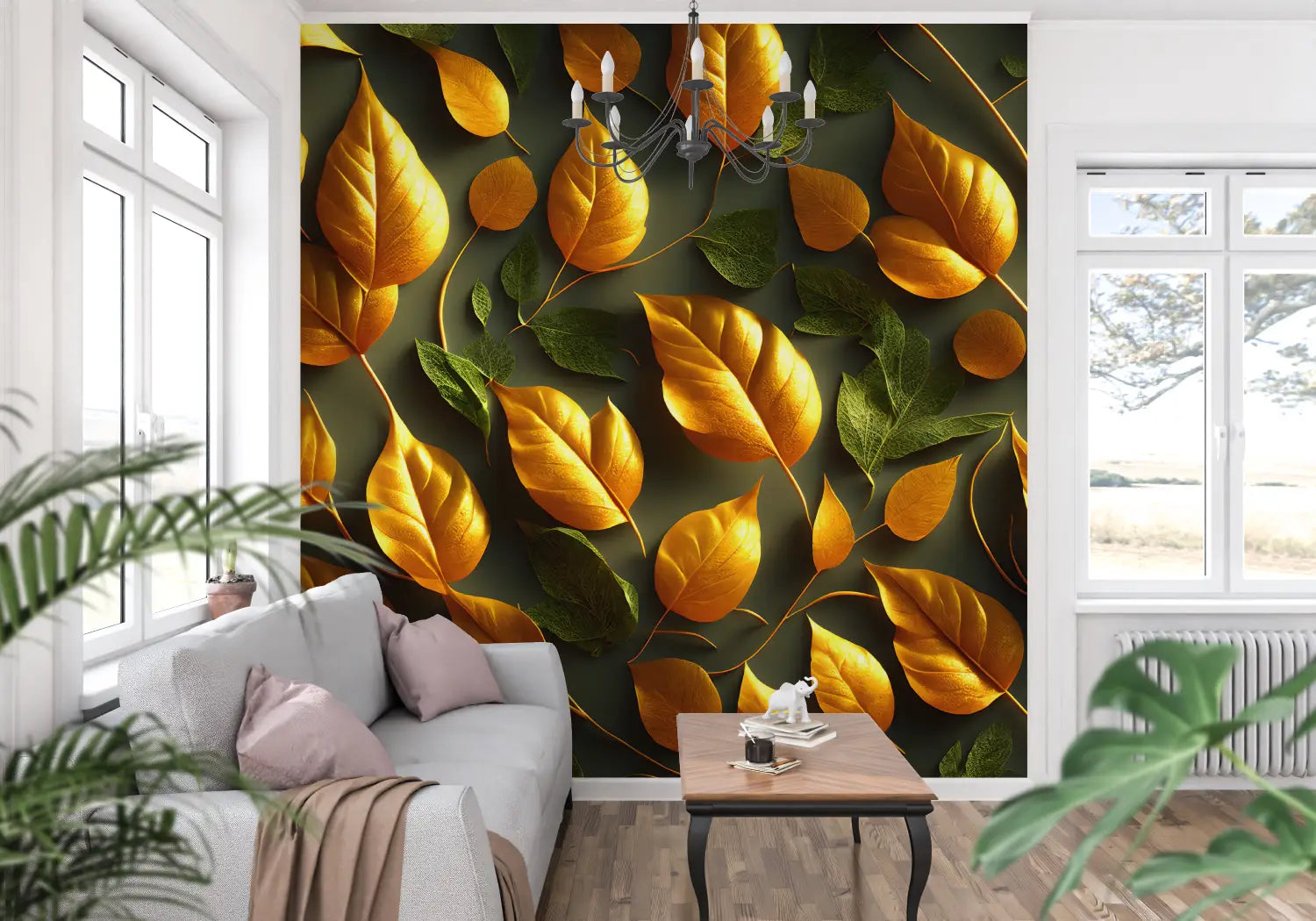 Foliage Wallpaper - Gold and Green Leaves