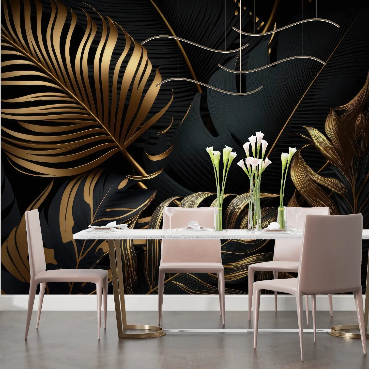 Papier Peint Feuillage – Palmes Dorées sur Fond Noir