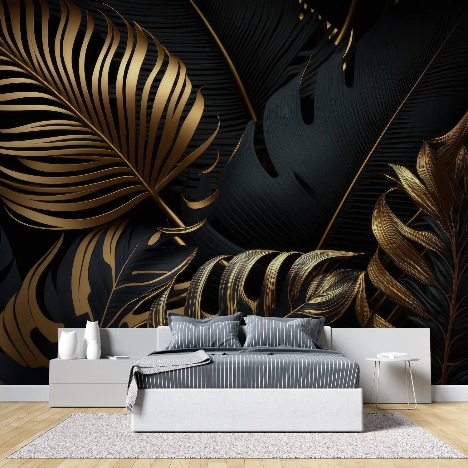 Papier Peint Feuillage – Palmes Dorées sur Fond Noir