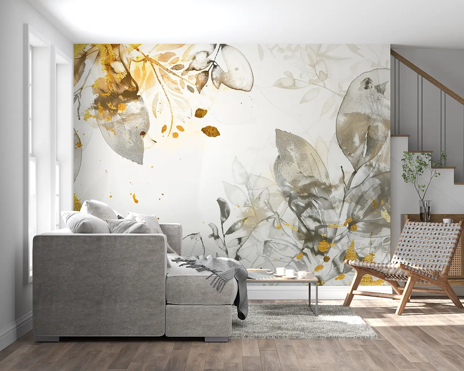 Foliage Wallpaper – Grey Watercolor and Golden Sparkles