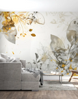 Foliage Wallpaper – Grey Watercolor and Golden Sparkles