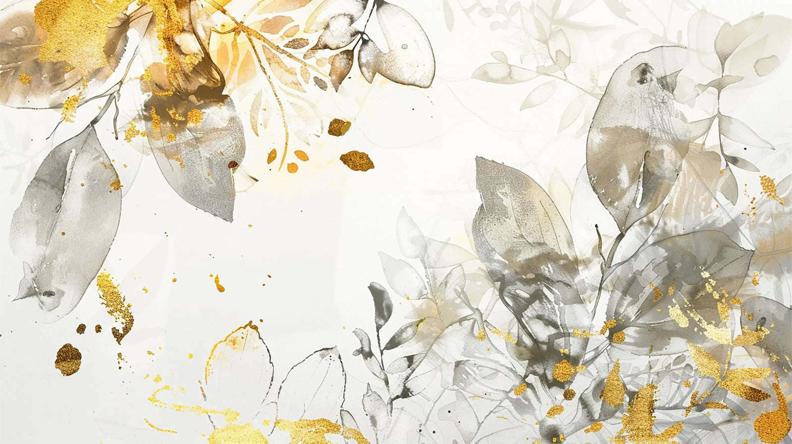 Foliage Wallpaper – Grey Watercolor and Golden Sparkles