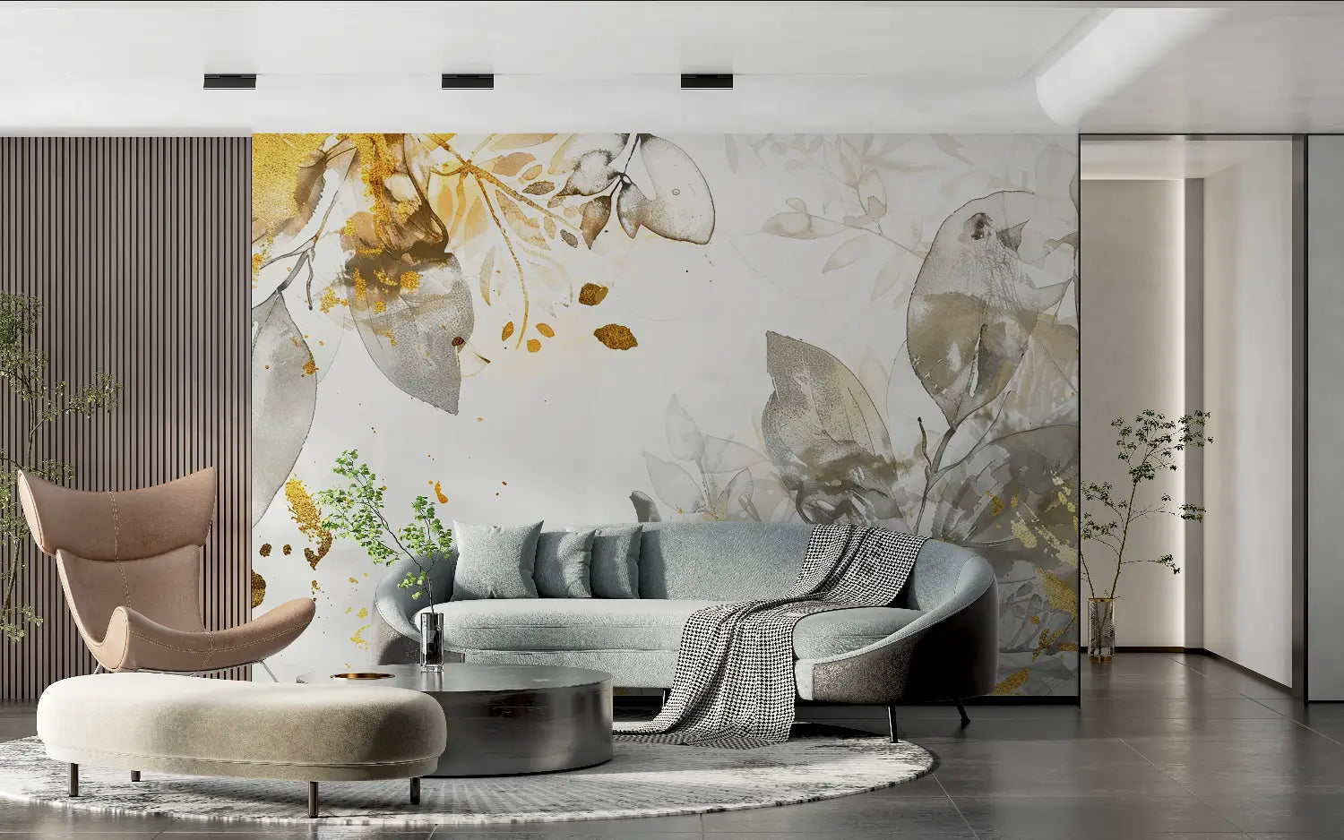 Foliage Wallpaper – Grey Watercolor and Golden Sparkles