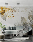 Foliage Wallpaper – Grey Watercolor and Golden Sparkles