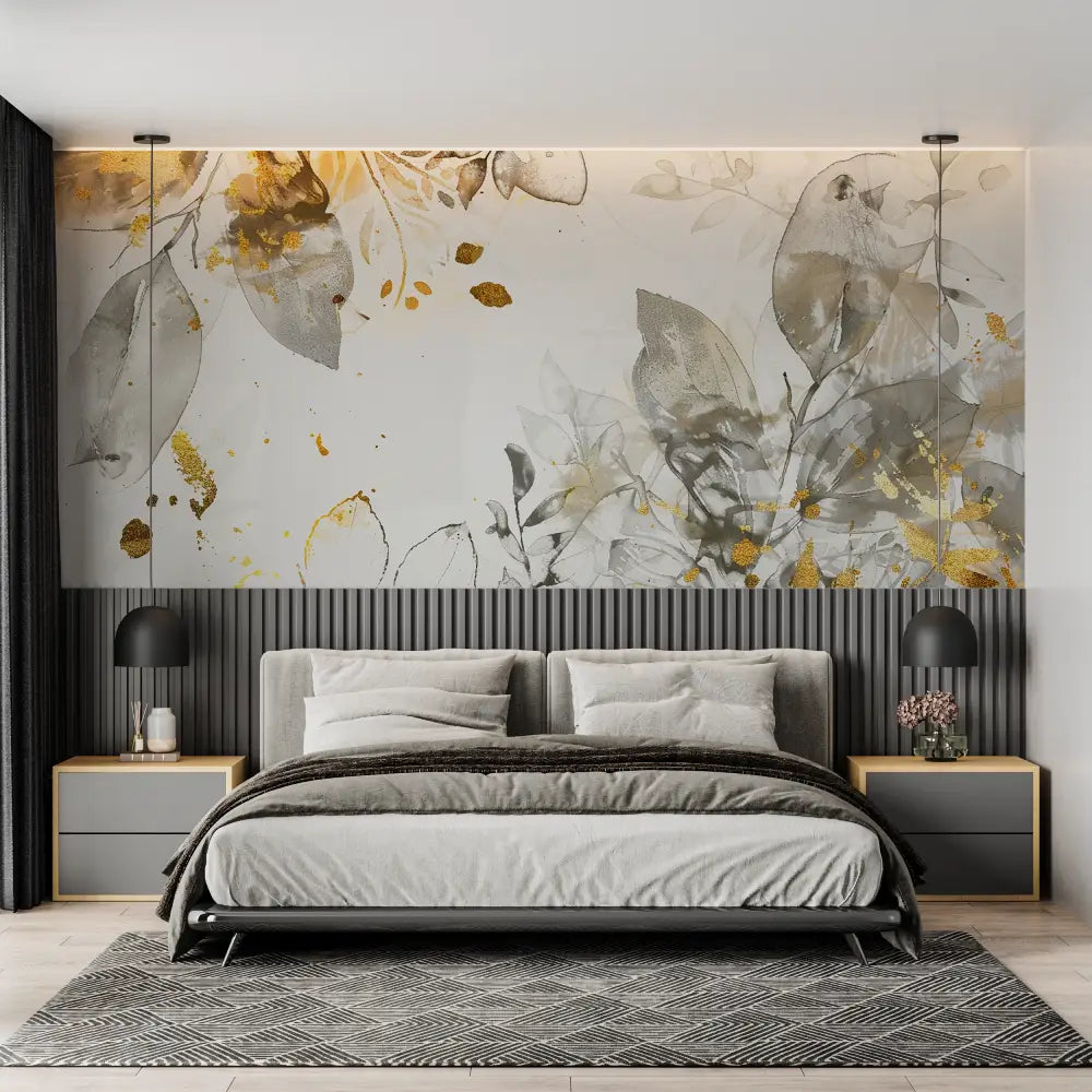 Foliage Wallpaper – Grey Watercolor and Golden Sparkles