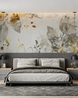 Foliage Wallpaper – Grey Watercolor and Golden Sparkles