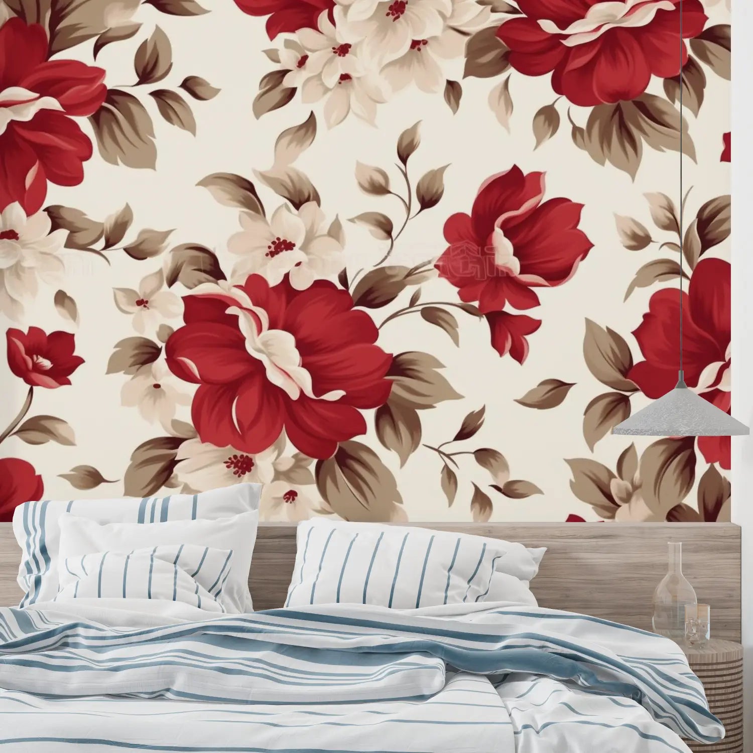 Floral Wallpaper - Old Roses Red and Cream
