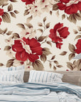 Papier Peint Floral - Roses Anciennes Rouge et Crème