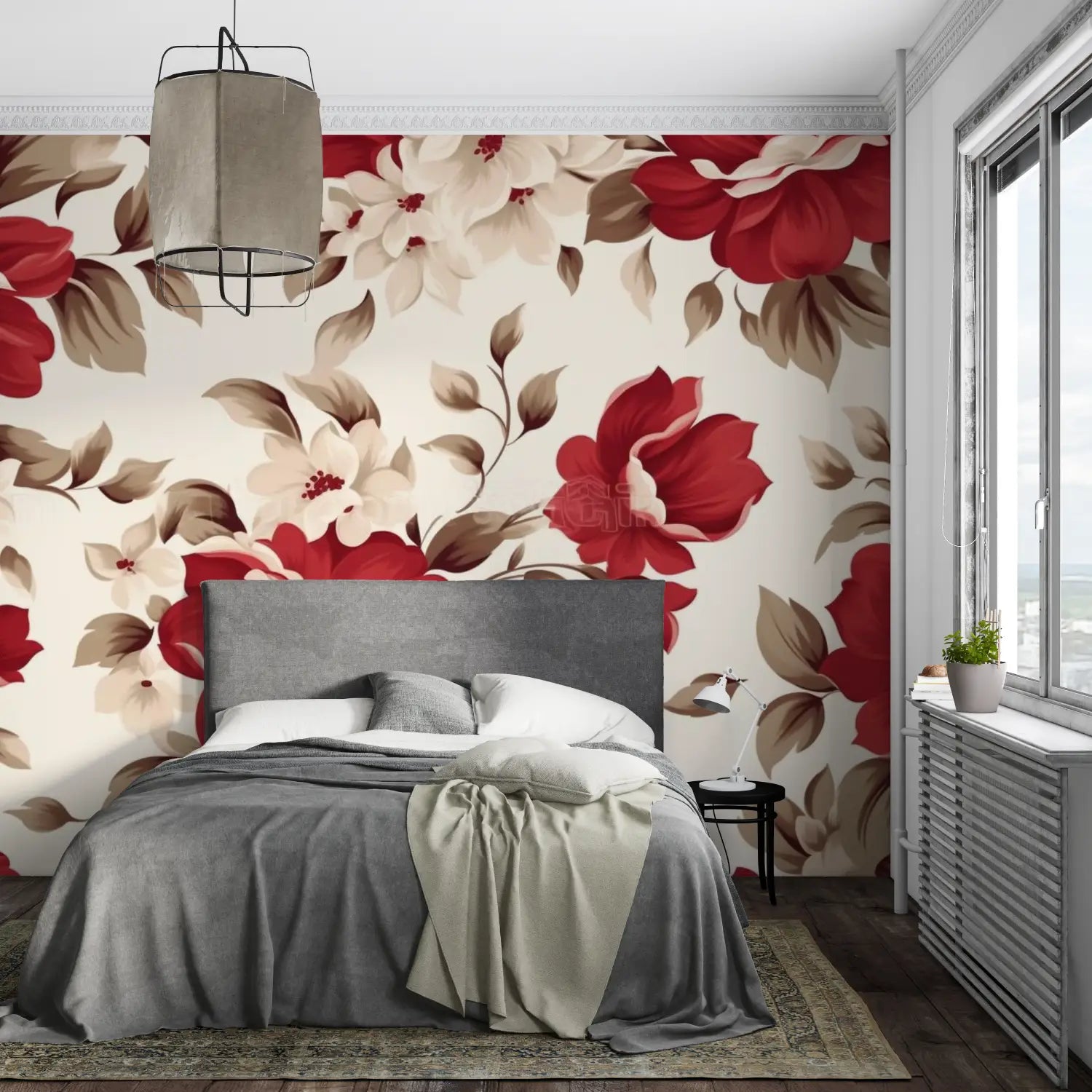 Floral Wallpaper - Old Roses Red and Cream