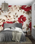 Papier Peint Floral - Roses Anciennes Rouge et Crème