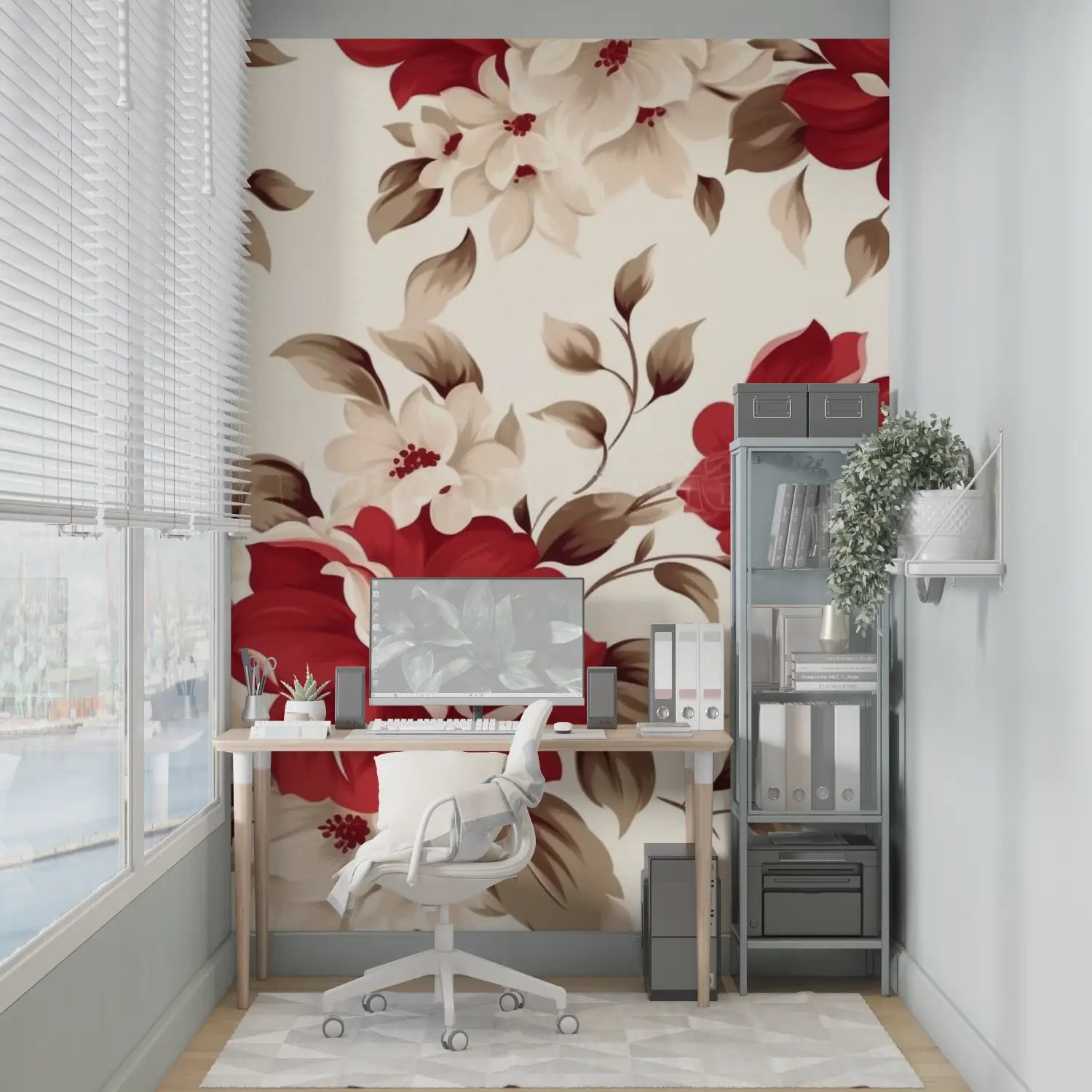 Floral Wallpaper - Old Roses Red and Cream