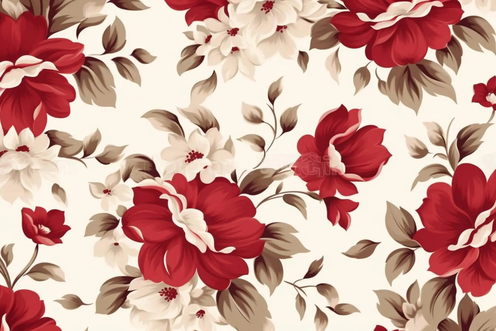 Floral Wallpaper - Old Roses Red and Cream