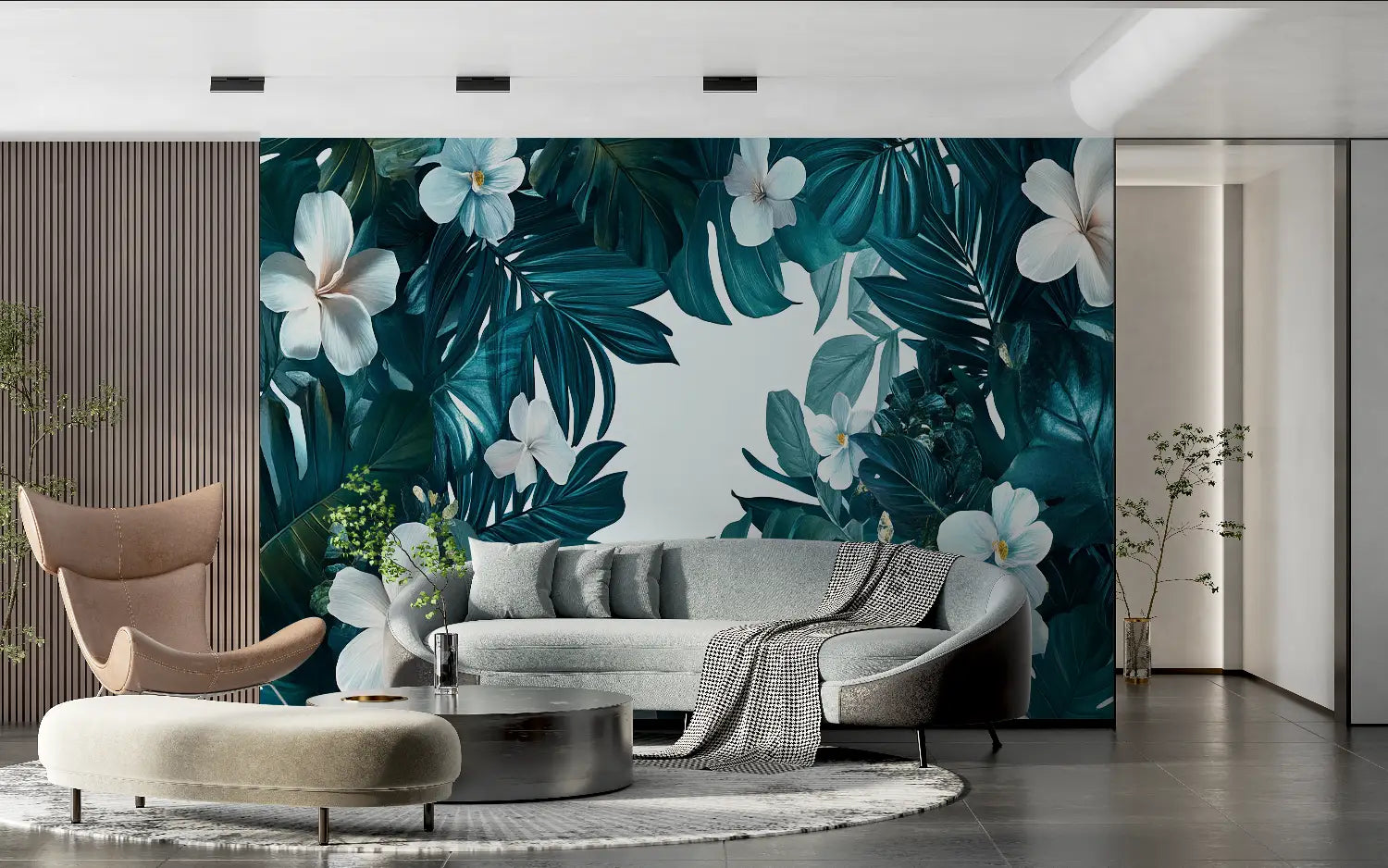 Tropical Wallpaper – White Flowers and Teal Leaves