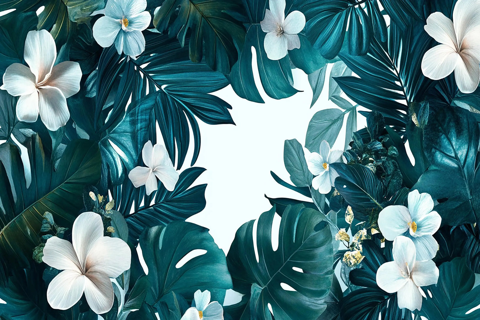Tropical Wallpaper – White Flowers and Teal Leaves