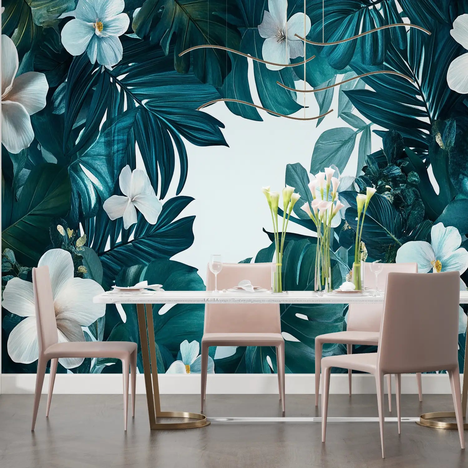 Tropical Wallpaper – White Flowers and Teal Leaves