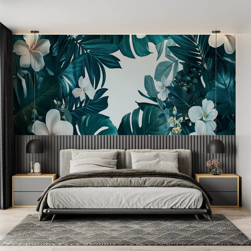 Tropical Wallpaper – White Flowers and Teal Leaves