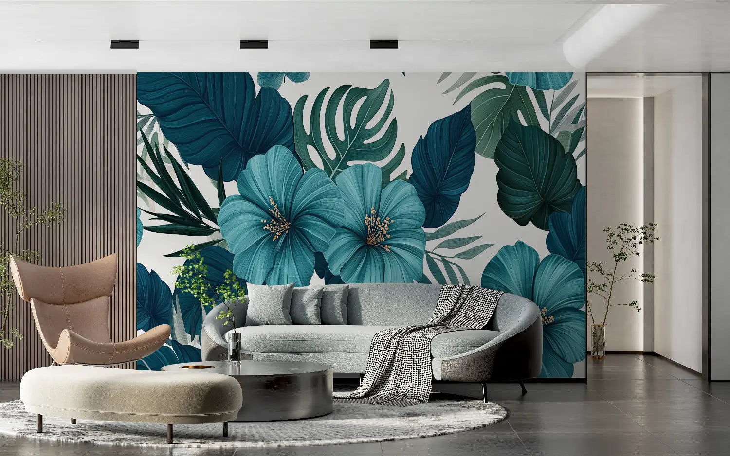 Tropical Wallpaper – Teal Hibiscus and Foliage