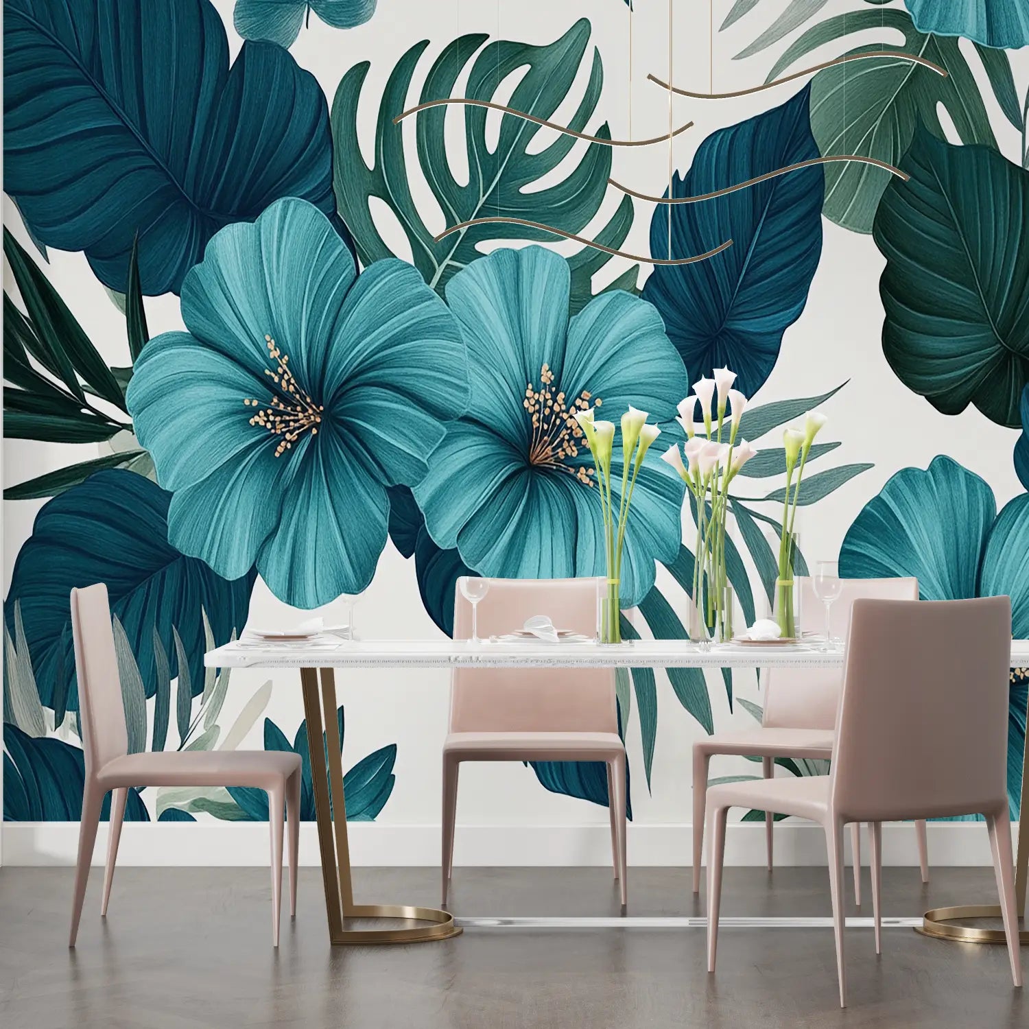 Tropical Wallpaper – Teal Hibiscus and Foliage