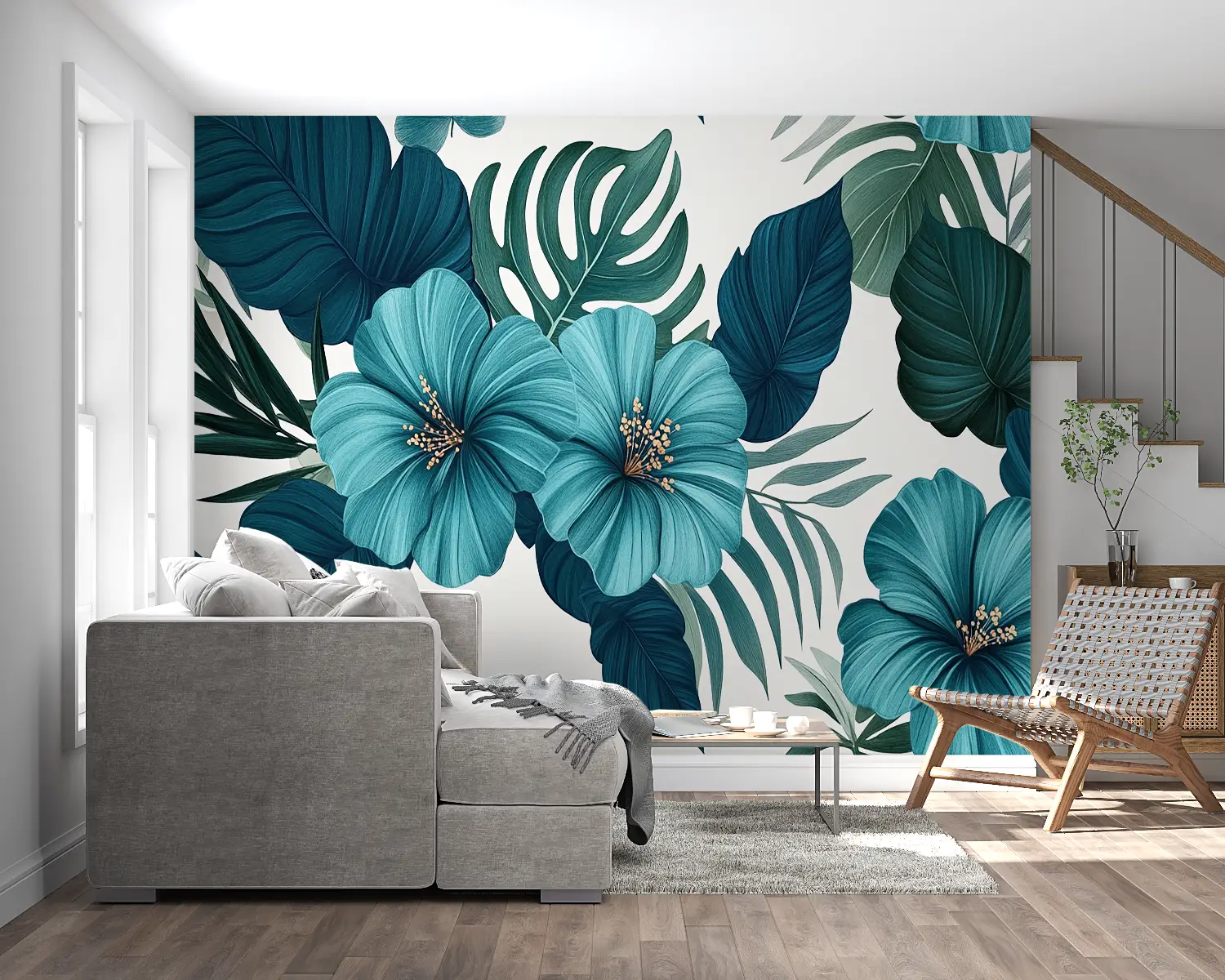 Tropical Wallpaper – Teal Hibiscus and Foliage