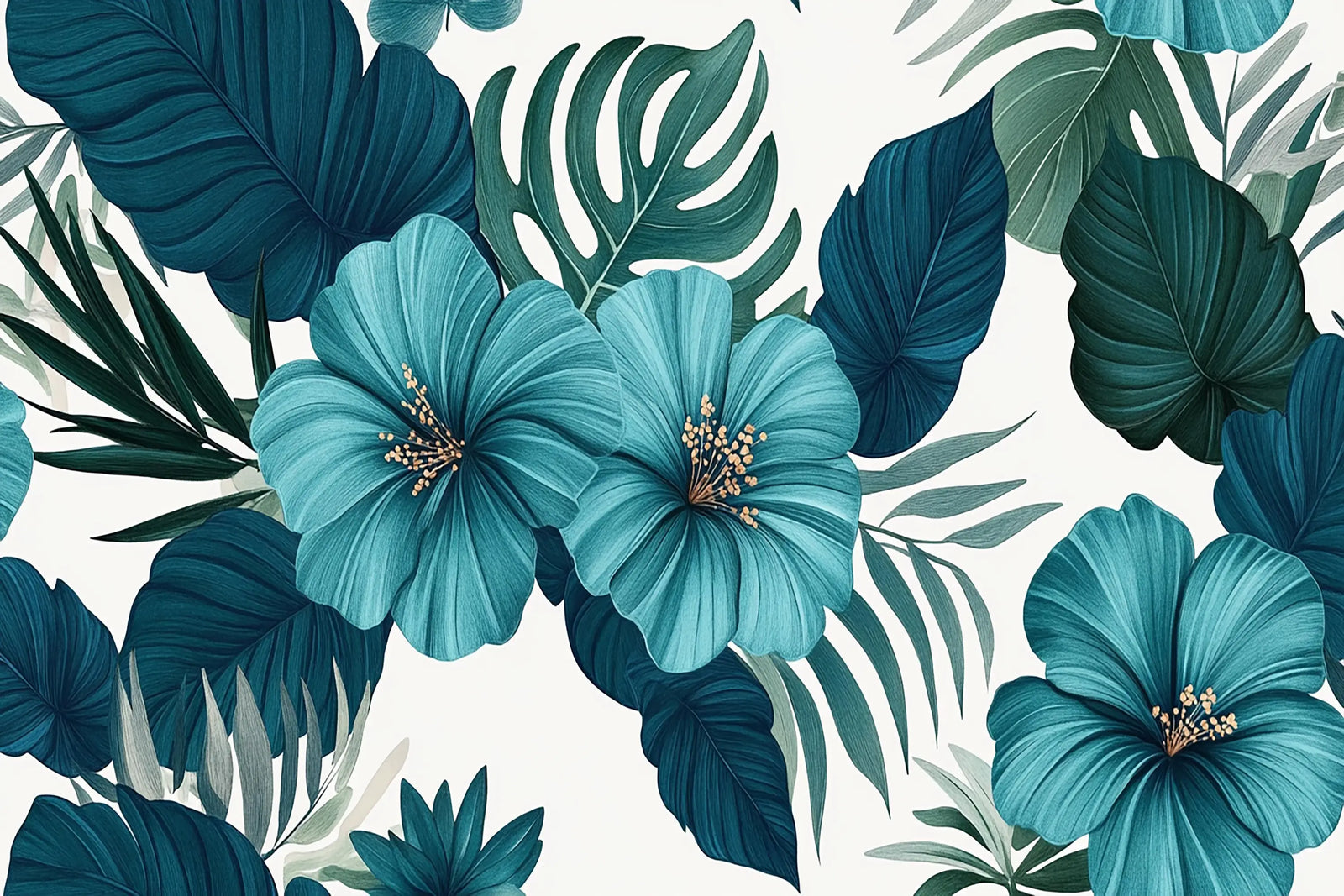 Tropical Wallpaper – Teal Hibiscus and Foliage