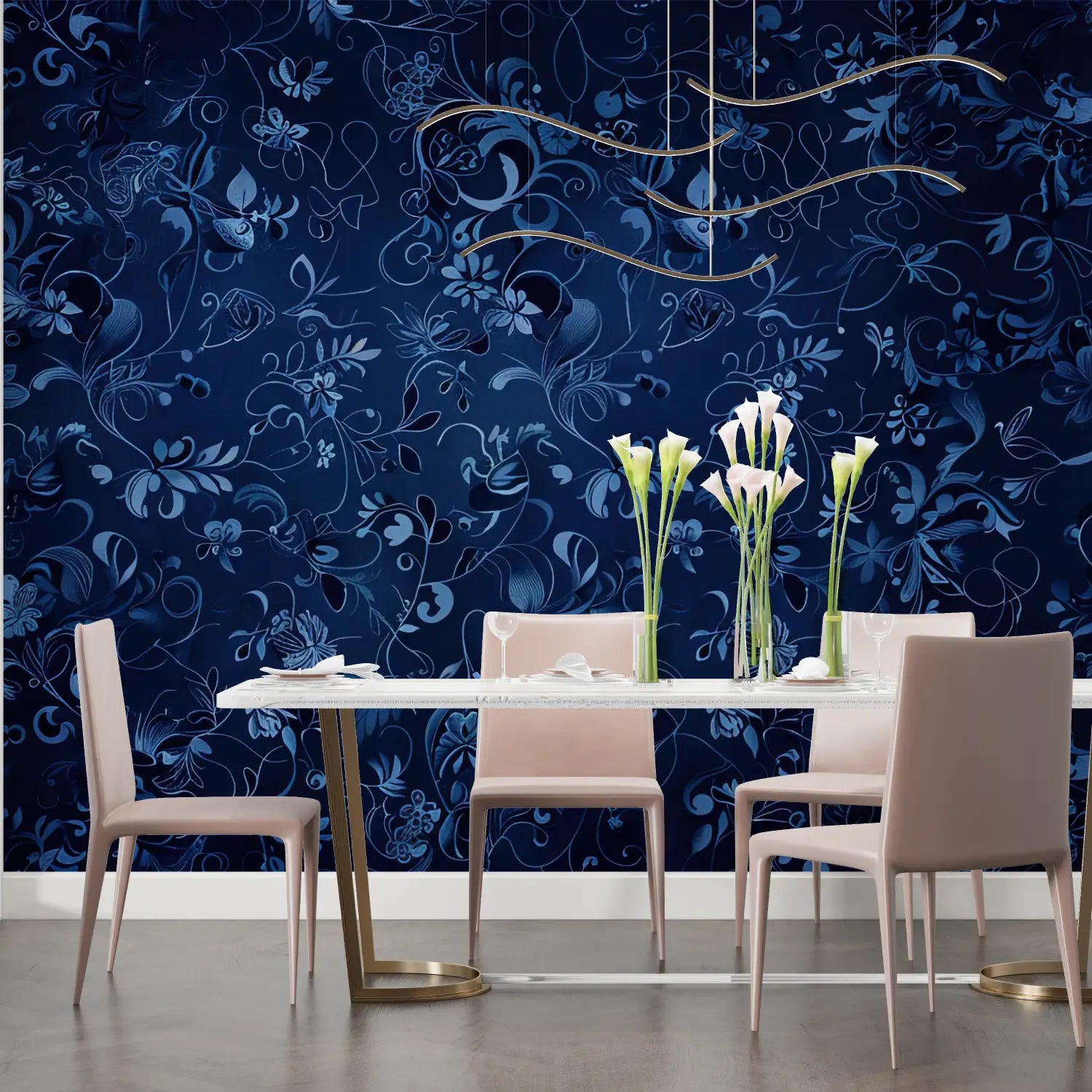 Floral Wallpaper – Blue Arabesques on Night