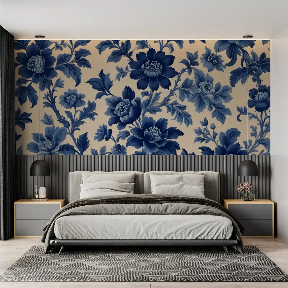 Floral Wallpaper – Blue Peonies on Beige