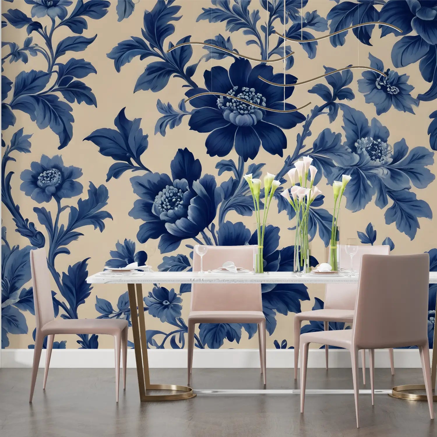 Floral Wallpaper – Blue Peonies on Beige