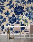 Floral Wallpaper – Blue Peonies on Beige