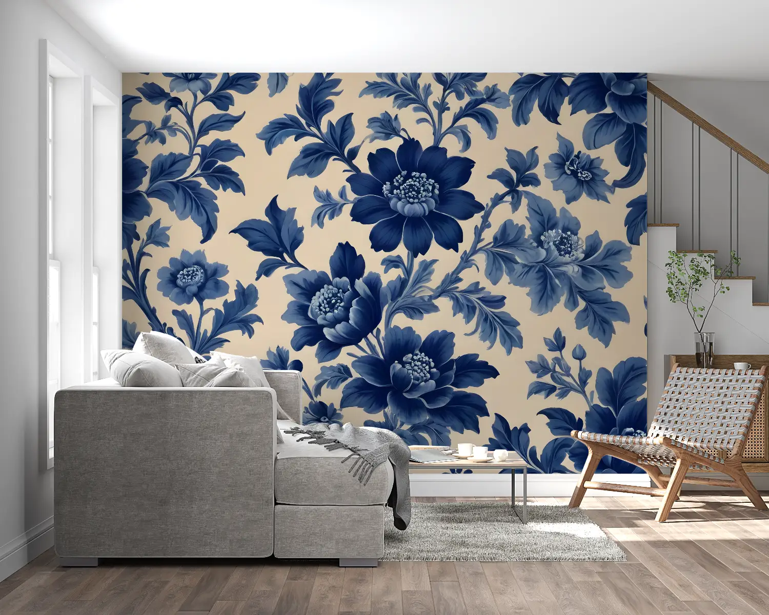Floral Wallpaper – Blue Peonies on Beige