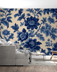 Floral Wallpaper – Blue Peonies on Beige