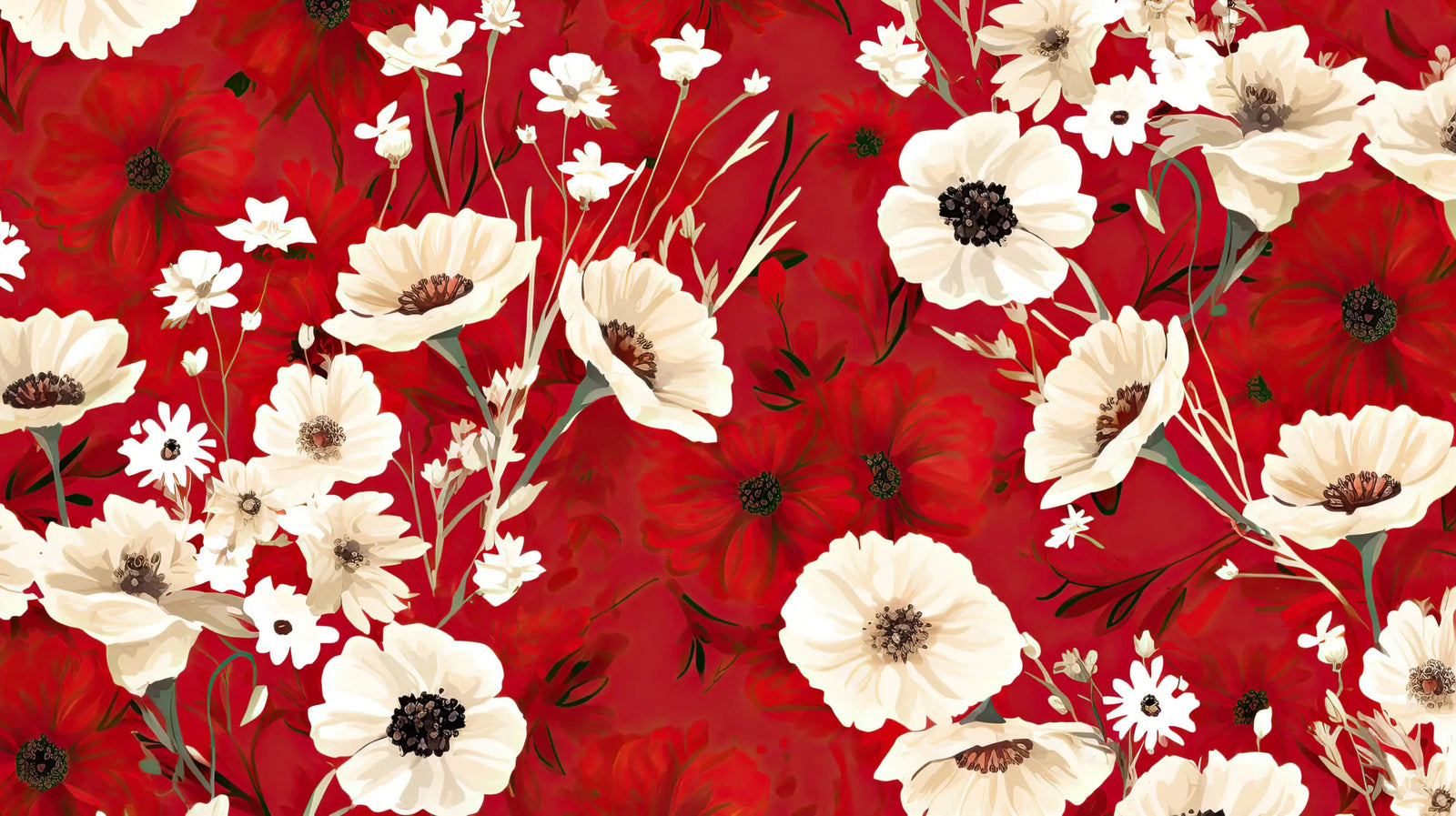 Papier Peint Floral - Fleurs Sauvages sur Rouge Intense