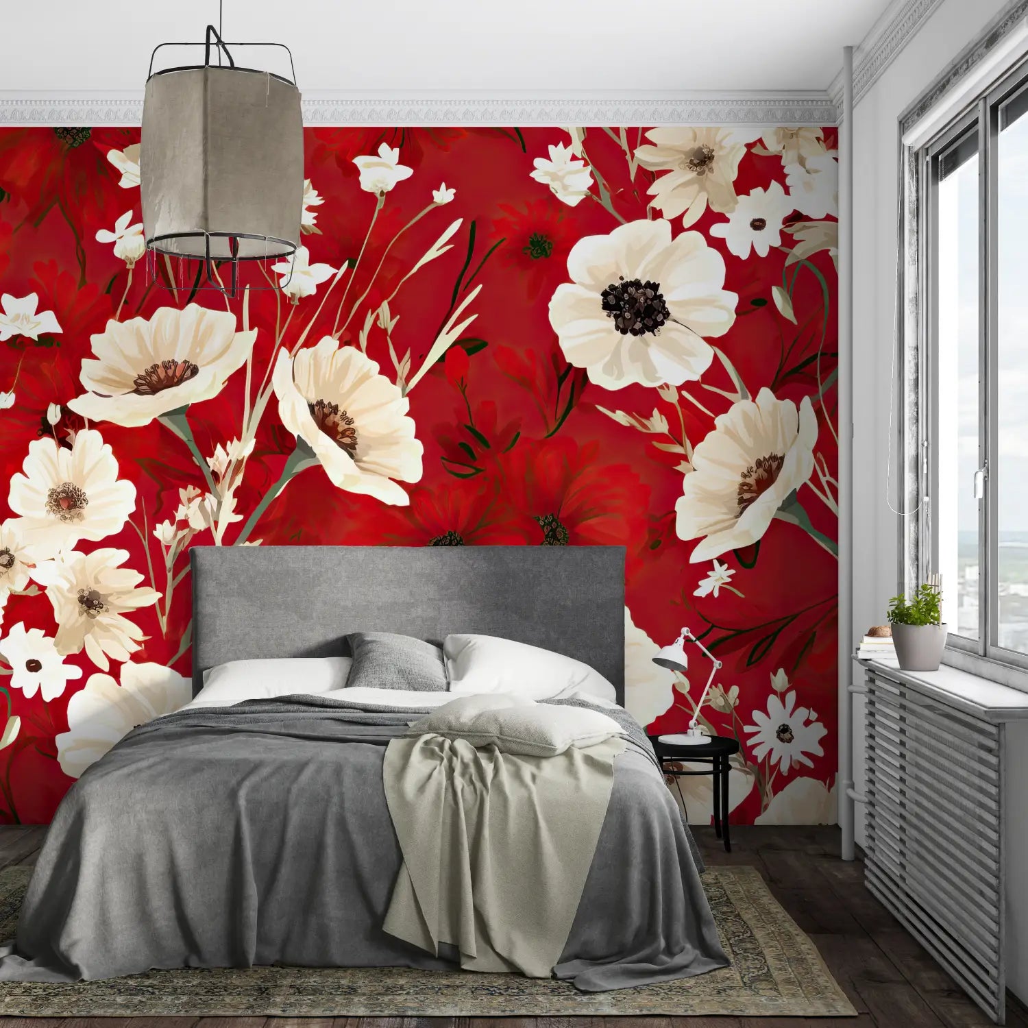 Papier Peint Floral - Fleurs Sauvages sur Rouge Intense