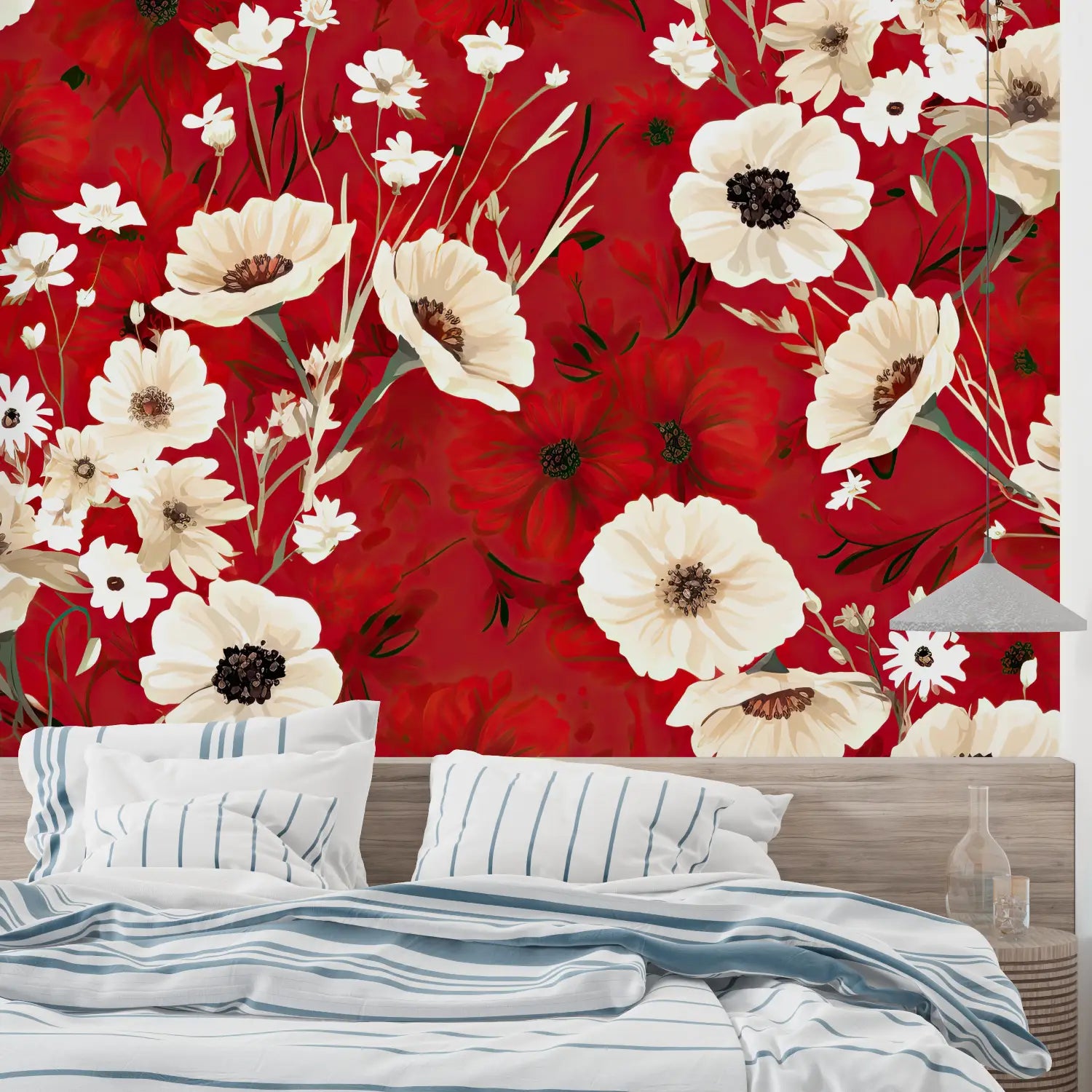 Papier Peint Floral - Fleurs Sauvages sur Rouge Intense