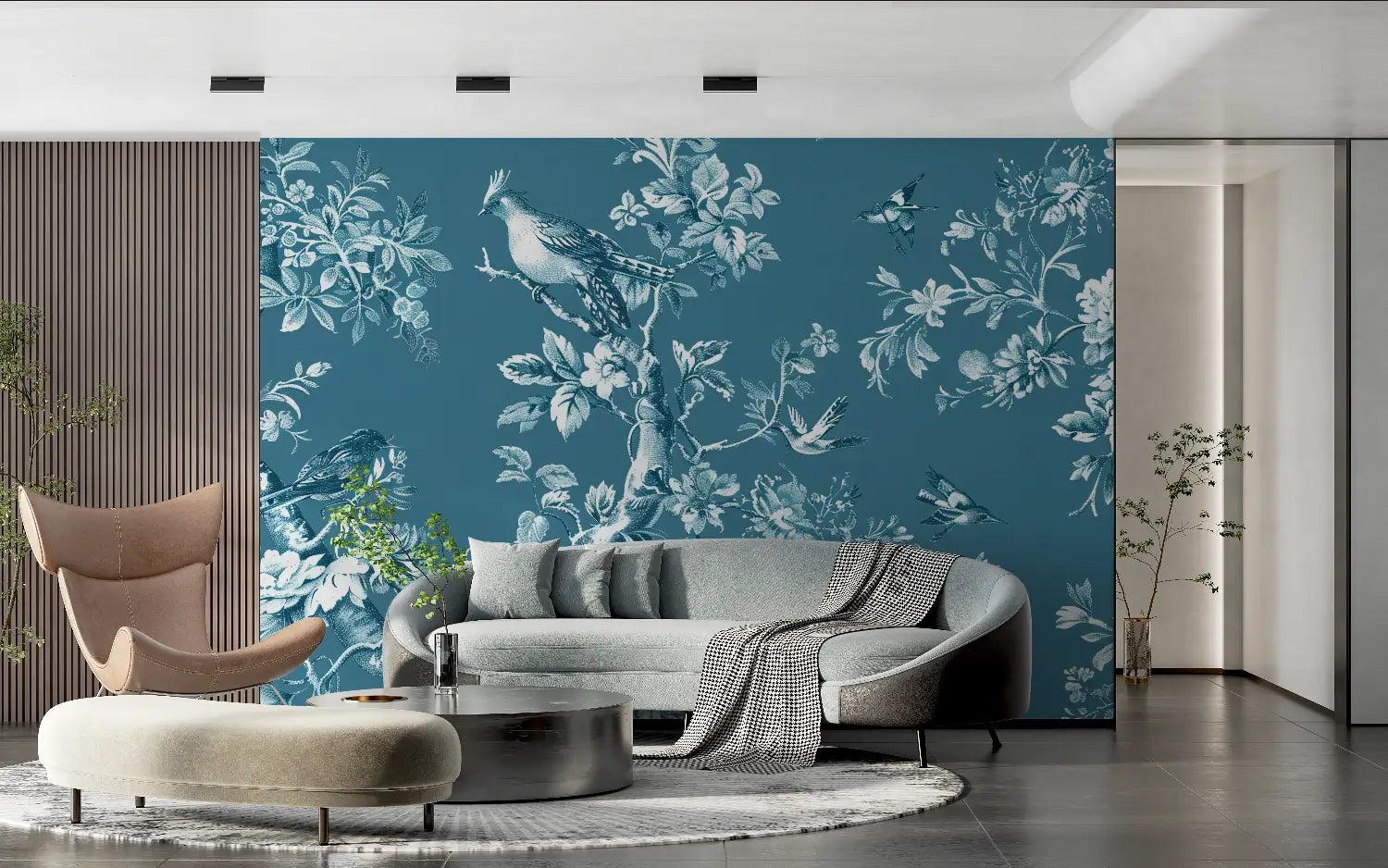 Papier Peint Vintage – Toile aux Oiseaux Bleus