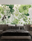 Papier Peint Floral - Fleurs Blanches et Verts Doux