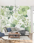 Papier Peint Floral - Fleurs Blanches et Verts Doux